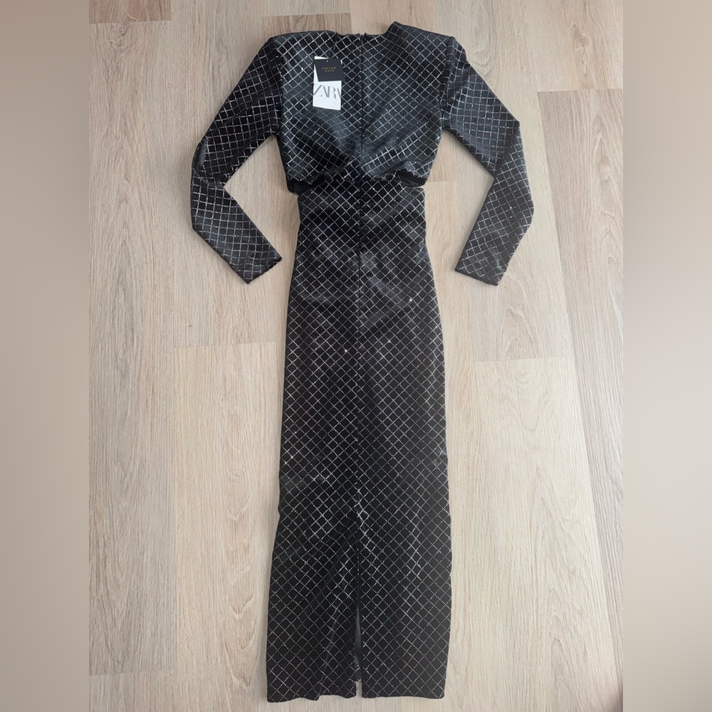 Zara Black & Silver Glittery Velvet Long Sleeve Dress - Size XS - Picture 6 of 8